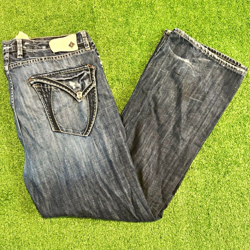 Y2K Grunge Flowy Men's Baggy Jeans 42x34 Blue Distressed Medium Wash Denim